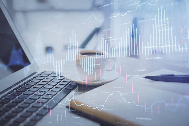 Double exposure of financial chart drawing and desktop with coffee and items on table background. Concept of forex market trading - Photo, Image