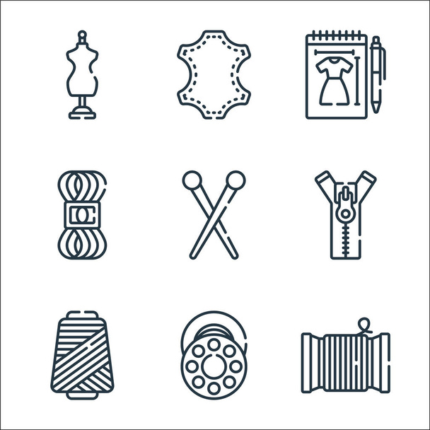 アイコンを縫って。直線セット。糸、ボビン、糸、ピン、糸、スケッチ、革などの品質ベクトルラインセット - ベクター画像