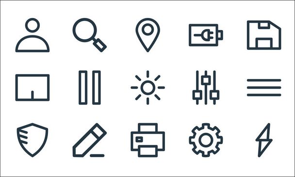 user interface line icons. linear set. quality vector line set such as bolt, printer, shield, cog, edit, touchpad, setting, battery status, research - Vector, Image