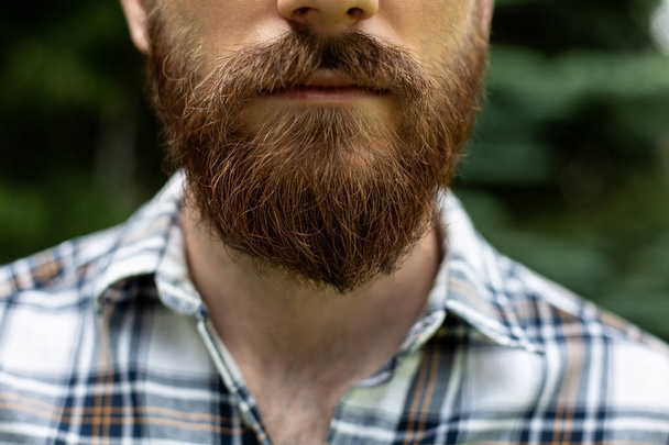 Classic male beauty. Hipster, fashionable guy, front view, close up on beard. Young man with glasses, a beard and a mustache. Brown-haired guy with sideburns, close-up. Thick male facial hair. - Foto, Imagem