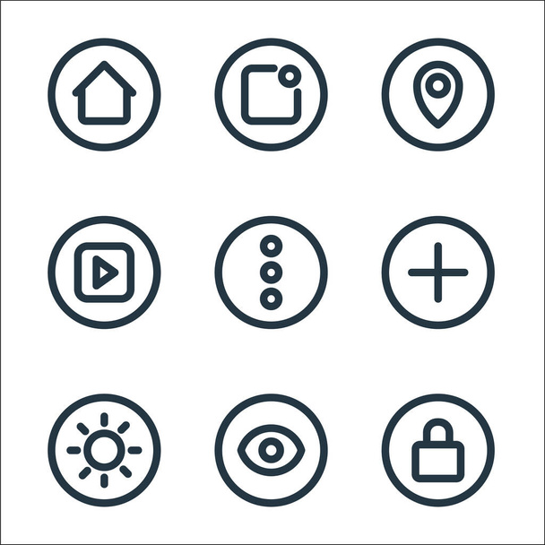 basic ui line icons. linear set. quality vector line set such as lock, view, brightness, add, more, play, pin, notification - Vector, Image