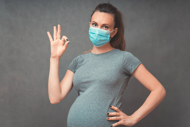 Pregnant woman show ok sign. Pregnancy And Infection concept. Pregnant Woman in Medical Face Mask against flu and viruses. Healthcare concept, copy space. - Фото, зображення