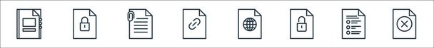 file and document outline line icons. linear set. quality vector line set such as delete, choices, unlock, online, link, attachment, lock - Vector, Image