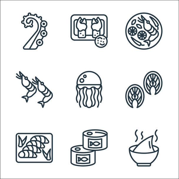 seafood line icons. linear set. quality vector line set such as soup, tuna, sashimi, salmon, jellyfish, shrimp, tom yum, claw - Vector, Image