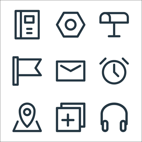 user interface line icons. linear set. quality vector line set such as headphone, add, location, clock, message, flag, mailbox, settings - Vector, Image