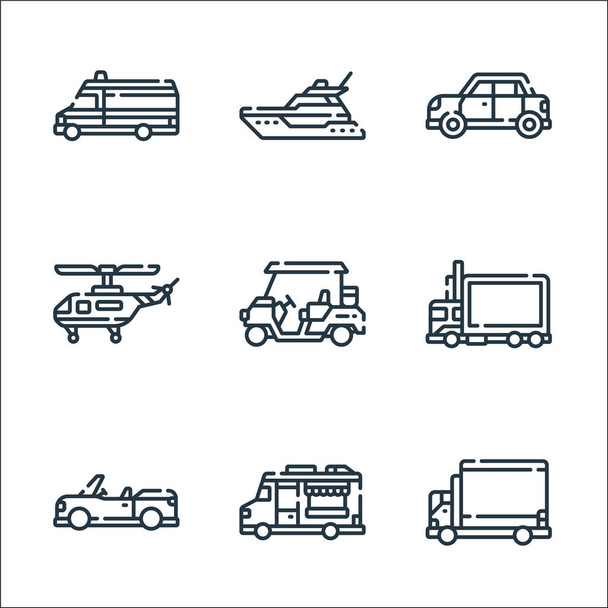 vehicles transports line icons. linear set. quality vector line set such as transportation, food truck, convertible, delivery truck, golf cart, helicopter, pickup car, yatch - Vector, Image