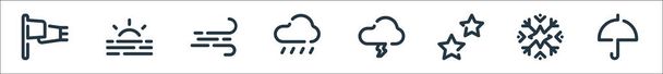 気象線のアイコン。直線セット。傘、雪の結晶、星、ストロム、雨、風、日の出などの品質ベクトルラインセット - ベクター画像