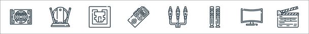 Fernseh-Symbole. Lineares Set. Qualitätsvektorleitungsset wie Clapperboard, gebogen, Lautsprecher, AV-Kabel, Diktiergerät, Port, Innenantenne - Vektor, Bild