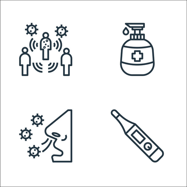 coronavirus line icons. linear set. quality vector line set such as thermometer, breathing, hand soap - Vettoriali, immagini