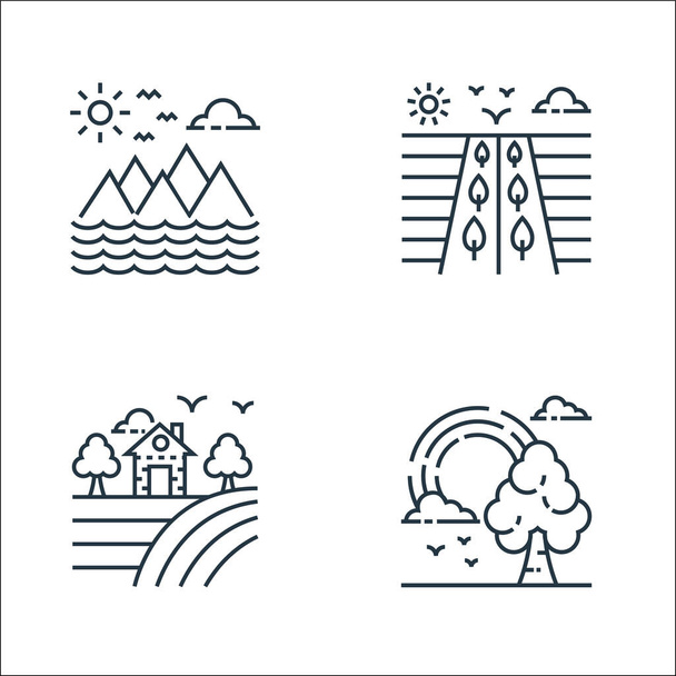 nature and landscape line icons. linear set. quality vector line set such as rainbow, farm house, fields - Vector, Image