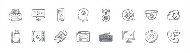 technology line icons. linear set. quality vector line set such as communication, monitor, log in, usb, cctv camera, cpu tower, wireless, video player - Vector, Image