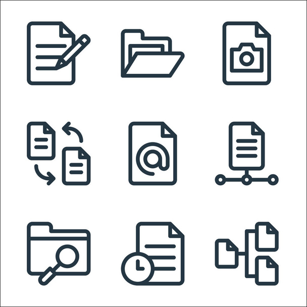 document and files line icons. linear set. quality vector line set such as chart, file, folder, file, address, transfer, photo, folder - Вектор,изображение