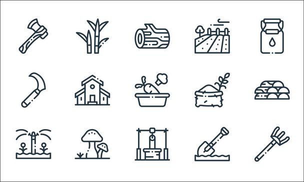 in the village line icons. linear set. quality vector line set such as rake, water well, sprinkler, shovel, mushroom, sickle, wheat, field, sugar cane - Vector, Image