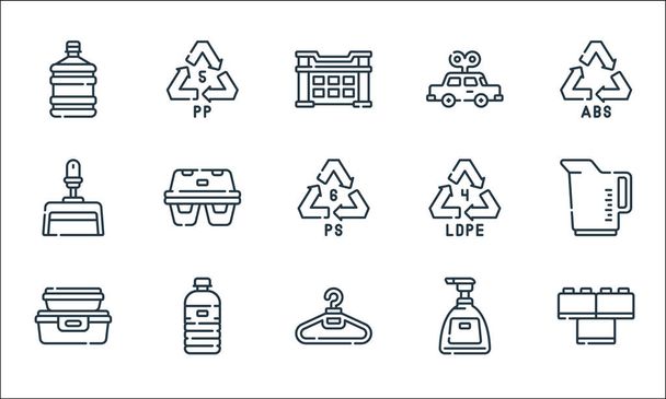 plastic products line icons. linear set. quality vector line set such as toy, clothes hanger, food container, soap bottle, water bottle, dust pan, recycle, car toy, recycle - Vector, Image