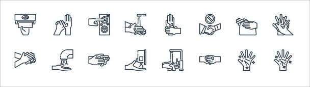 myć ręce ikony linii. zestaw liniowy. wysokiej jakości zestaw linii wektorowych, takich jak ręka, mycie rąk, mycie, mycie rąk, ręka, mycie - Wektor, obraz