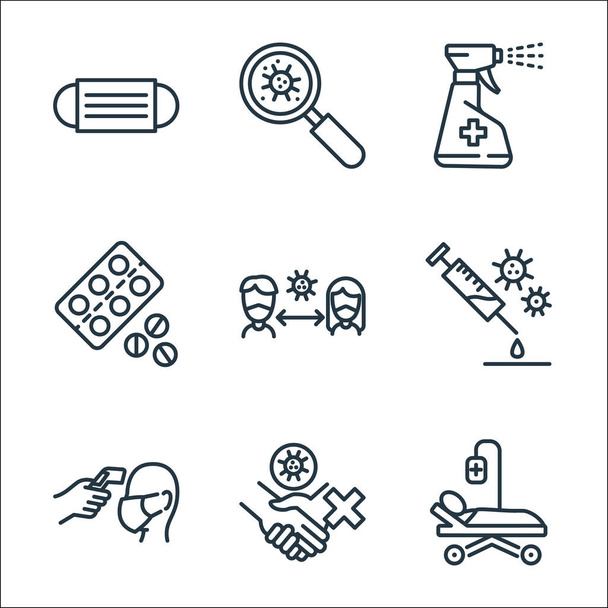 coronavirus line icons. linear set. quality vector line set such as hospital bed, temperature, vaccine, pills, - Vector, Image