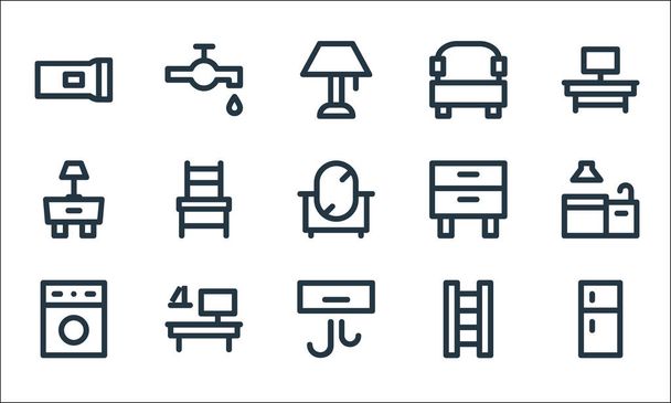 home furniture line icons. linear set. quality vector line set such as refrigerator, air conditioner, washing machine, ladder, office table, night stand, cabinet drawer, sofa, faucet - Vector, Image
