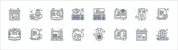 online learning line icons. linear set. quality vector line set such as globe grid, book, digital library, smartphone, search, video - Vector, Image