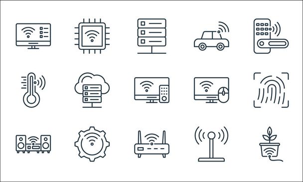 internet of things line icons. linear set. quality vector line set such as smart farm, router, hifi, antenna, settings, thermometer, smart tv, car, chip - Vector, Image