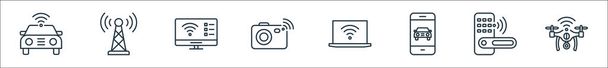 internet of things line icons. linear set. quality vector line set such as camera drone, door lock, smartphone, laptop, camera, smart tv, antenna - Vector, Image