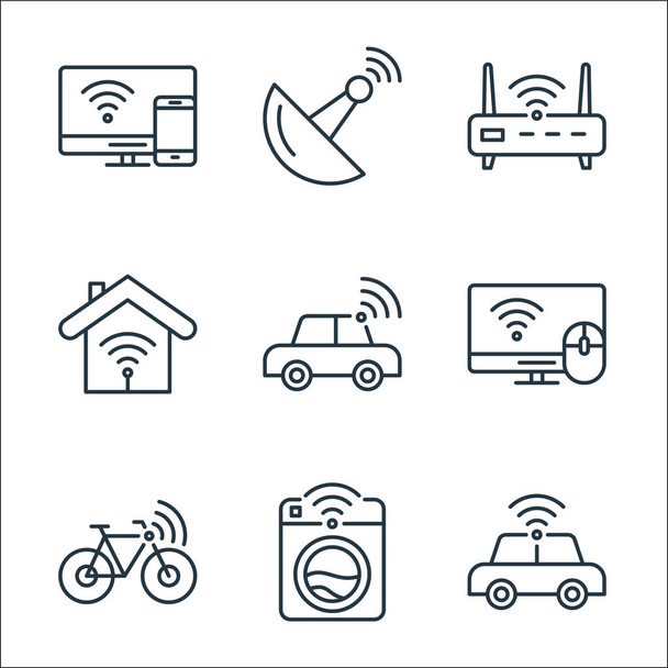 internet of things line icons. linear set. quality vector line set such as car, smart washing machine, bicycle, smart tv, car, smarthome, router, antenna - Vector, Image