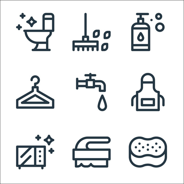 cleaning line icons. linear set. quality vector line set such as sponge, brush, microwave, apron, water tap, clothes hanger, soap, rake - Vector, Image