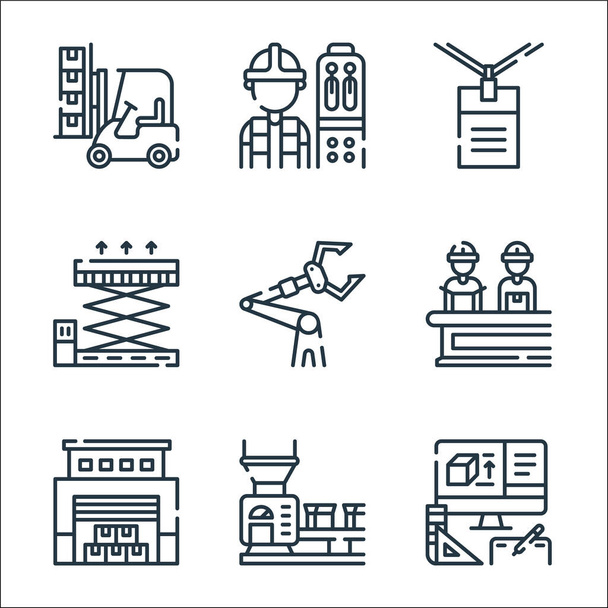 industrial process line icons. linear set. quality vector line set such as product de, conveyor belt, warehouse, manufacture, robotic arm, lift, work, operator - Vector, Image