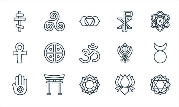 Spirituelle Symbole säumen Symbole. Lineares Set. Qualitätsvektorlinienset wie Anahata, Sakasrara, Jainismus, Ayyavazhi, Torii-Tor, Ankh, Sikhismus, Chi Rho, Triskel - Vektor, Bild