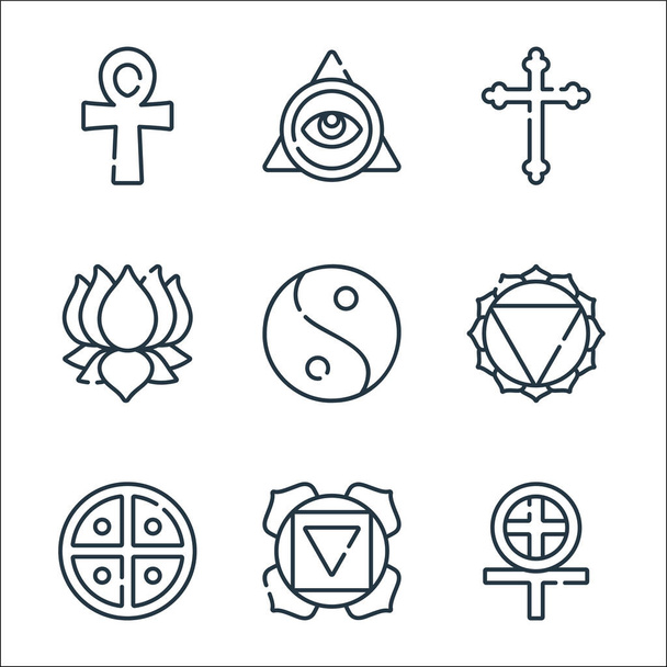símbolos espirituales línea de iconos. Conjunto lineal. calidad vector línea conjunto como el paganismo, muladhara, nativo, manipura, taoísmo, ayyavazhi, cruz, cao dai - Vector, Imagen