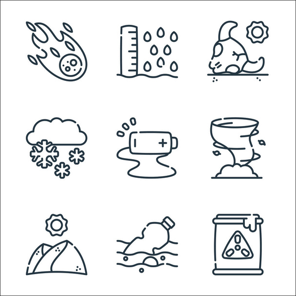 climate change line icons. linear set. quality vector line set such as nuclear, water pollution, desert, hurricane, battery, snow, bull, sea level - Vector, Image