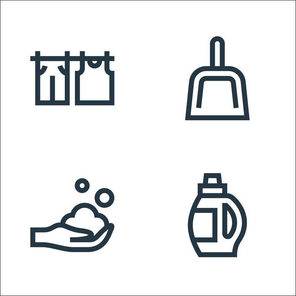 Reinigungslinien-Symbole. Lineares Set. Qualitätsvektorleitungsset wie Waschmittel, Handwäsche, Staubwanne - Vektor, Bild
