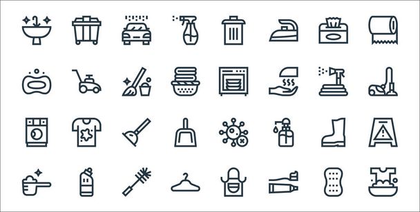 cleaning line icons. linear set. quality vector line set such as washing, toothpaste, clothes hanger, detergent, boots, plunger, techonology, dishwasher, lawn mower - Vector, Image