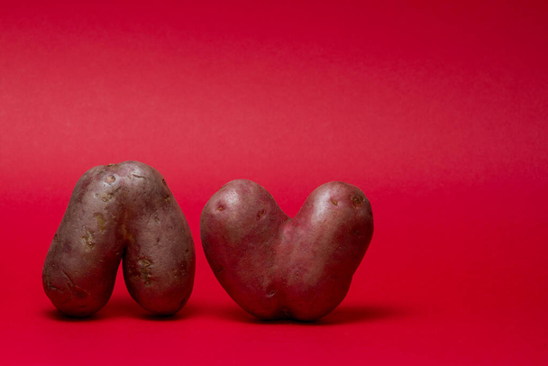 Unusual shaped vegetables. Two ugly heart-shaped potatoes on a red background. Copy space. - Photo, Image