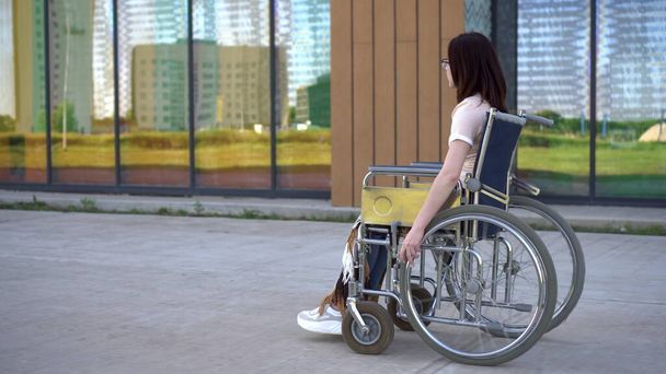 Jeune femme en fauteuil roulant. Une fille roule dans un fauteuil roulant sur le fond d'un bâtiment en verre. Transport spécial pour handicapés. - Photo, image