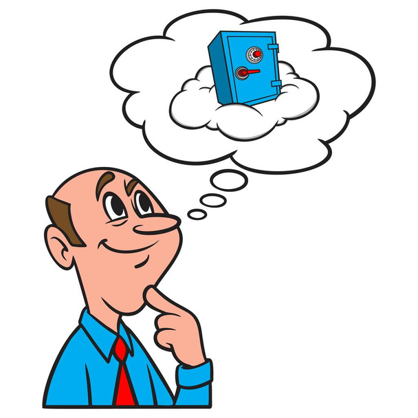 Denken over Cloud Security - Een cartoon illustratie van een man die denkt over internet Cloud Security. - Vector, afbeelding