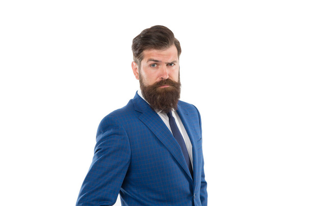 Fashion boutique. Elevate your daytime look with suit. Successful man in suit. Business man wear suit. Serious bearded man. Handsome hipster expensive clothes white background. Menswear concept - Valokuva, kuva