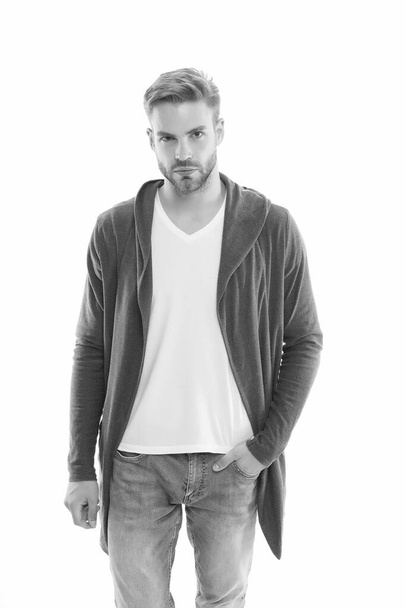 Looking right. Man isolated on white. Handsome man in casual style. Fashion and style. Fashion look of sexy man. Unshaven man with beard hair. Barbershop. Never forget who you are - 写真・画像
