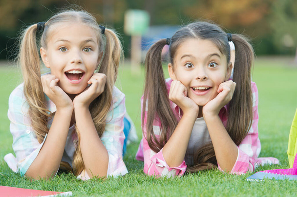 Mignon souriant enfants sœurs se détendre herbe verte, concept surprise réelle - Photo, image