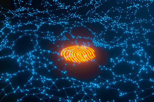 Identificación de huellas dactilares doradas brillantes con fondo azul, representación 3D. Dibujo digital informático. - Foto, Imagen