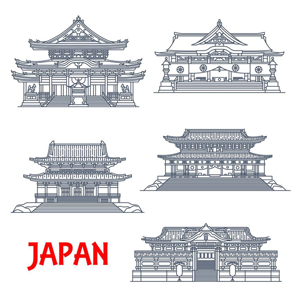 Japonés viaje hito delgada línea de diseño de edificios religiosos asiáticos, arquitectura vectorial. Templos budistas de Zojo-ji, Rinno-ji y Toyokawa Inari, Tosho-gu y santuarios sintoístas Hie Jinja - Vector, imagen