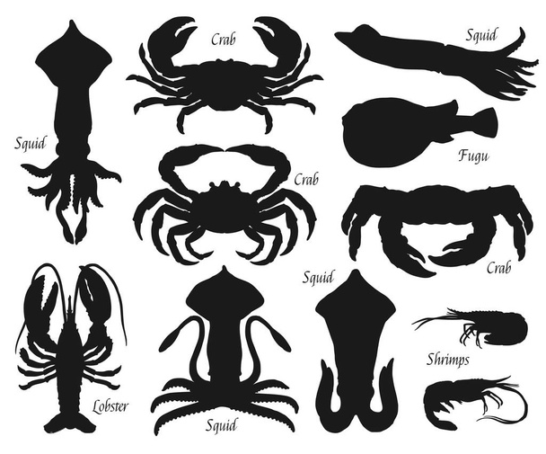 Zwarte silhouetten van zeedieren en vissen, vectorvis en schelpdieren. Krabben, pijlinktvissen en kreeft, garnalen en fugu 's, geïsoleerde symbolen van vis en schaal- en schelpdieren, visserijsport en visserijontwerp - Vector, afbeelding