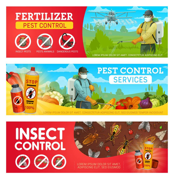 Vektorové transparenty ochrany proti škůdcům s hmyzem, brouky, hlodavci a deratizátory. Šváb, komár, potkan a moucha, pesticid a ochranný sprej proti insekticidům a práškovač zemědělských plodin - Vektor, obrázek
