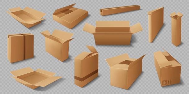 Картонные коробки, реалистичный векторный макет посылок. Изолированные коричневые коробки или посылки для доставки бумажных грузов, открытые и закрытые пакеты, ящики для хранения на складе и контейнеры 3d дизайн - Вектор,изображение