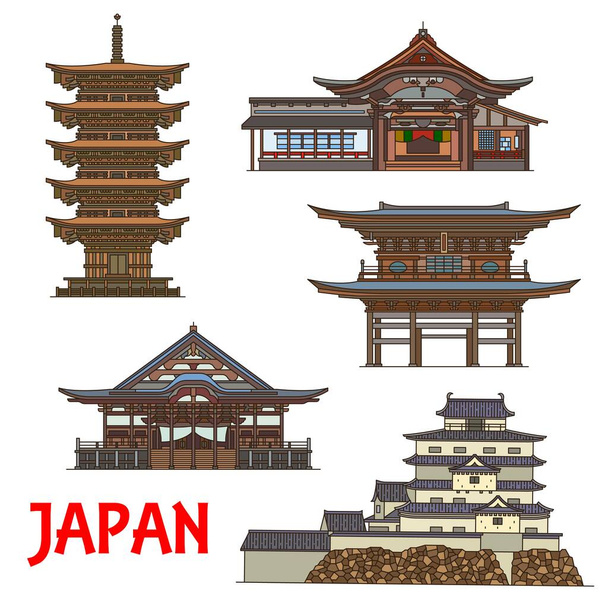Japońskie świątynie i wektor zamku cienka linia podróży zabytków Japonii. Dainichibo i Horin-ji Zen Buddyjskie świątynie, brama Sanmon Engaku-ji, Dewa Sanzan pięciopiętrowa pagoda i zamek Tsuruga - Wektor, obraz