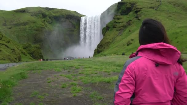 Reisende reisen zum Skogafoss Wasserfall in Island. - Filmmaterial, Video