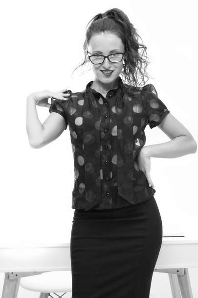 Smart in new sexy. Ambitious female in business office. Emancipated woman. Girl formal clothes eyeglasses attractive secretary. Business lady. Administrator or receptionist. Business startup - Fotografie, Obrázek