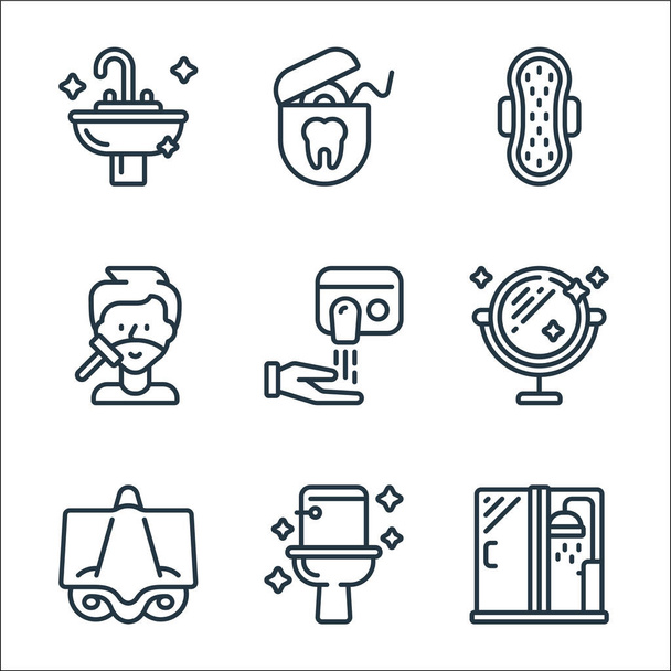 ikony hygienických linií. lineární sada. kvalitní vektorová souprava, jako je sprcha, WC, pás, zrcadlo, vysoušeč rukou, holení, hygienické ručníky, zubní nit - Vektor, obrázek