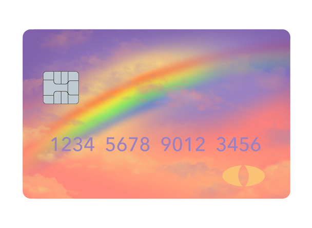 Hier is een creditcard met een regenboog ontwerp en kleuren en is te gebruiken op een regenachtige dag. Het is voor financiële noodgevallen. geïsoleerd op wit. - Foto, afbeelding