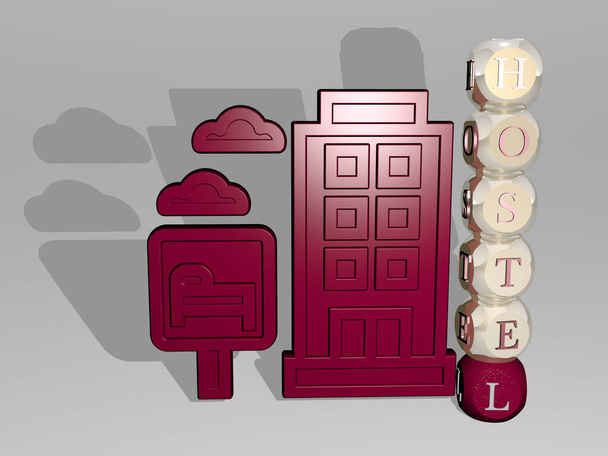 3D-Darstellung des Hostels mit Icon an der Wand und Text, angeordnet durch metallische kubische Buchstaben auf einem Spiegelboden für Konzeptbedeutung und Diashow-Präsentation. Hotel und Illustration - Foto, Bild