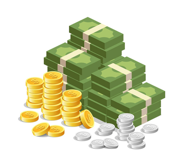 Vektor Bankjegy pénz, arany érmék és ezüst érmék design elszigetelt fehér háttér, illusztráció - Vektor, kép